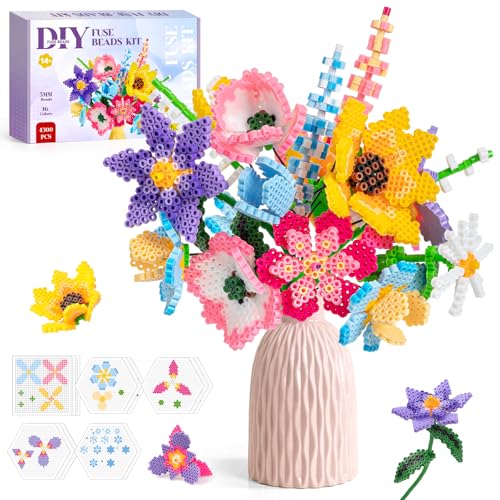 WEVOL Cuentas para Planchar Ramo de Flores 5 mm, 4300 Fuse Beads 16 Colores con Caja de Almacenamiento Tableros Perforados Plantillas y Accesorios, Kit de Manualidades Creativas para Niños y Niñas