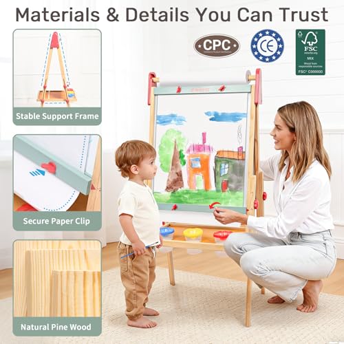 Image of WINGYZ 3-in-1 Art Easel for Kids - Sturdy Pine Wood Easel with Magnetic Whiteboard, Chalkboard & 400 inch Paper Roll, Foldable Adjustable Heights for Ages 2-12, Complete Tool-Free Art Station