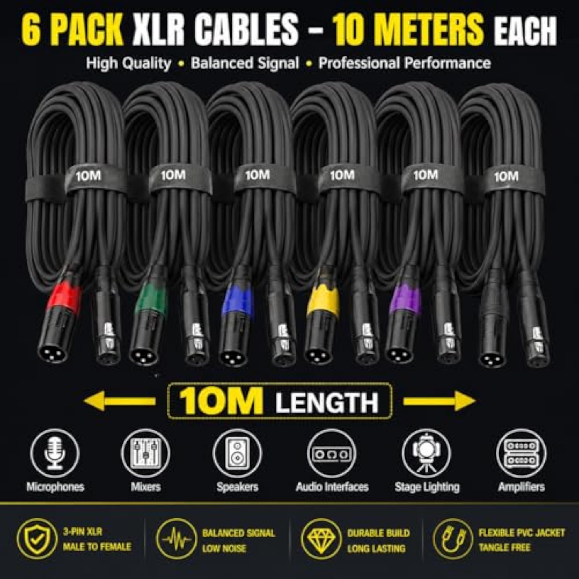 10Mtr XLR Cable Pack of 6 Microphone Male to Female