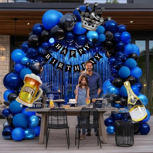 Image of Navy Blue Black Balloon Garland, Double Stuffed Dark Royal Blue Balloon Arch Fringe Curtains, Foil Balloons, Birthday Banner for 2026 Graduation Boy Men Birthday Baby Shower World Cup Party Decoration