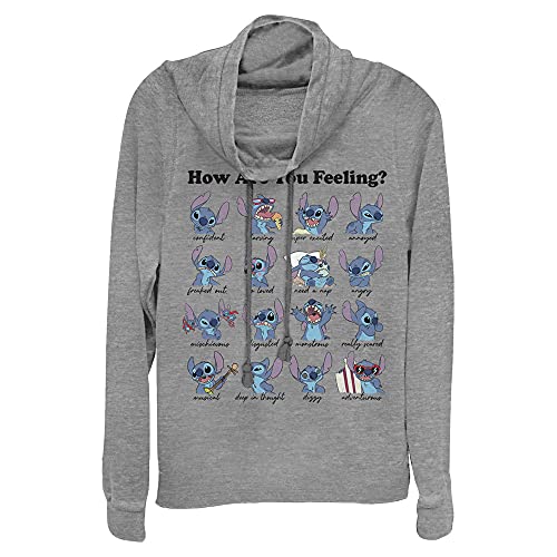 Image of Disney Women's Lilo & Stitch How Are You Feeling Long Sleeve Cowl Neck Pullover - Funny FashionGray Heather Sweatshirt Gift