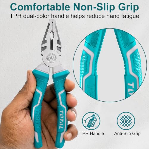 Image of TOTAL 7 Inch Combination Plier, 180mm Heavy Duty CR-V Steel Cutting Pliers with Hardened Cutting Edge, Anti-Rust Finish & Comfortable Grip Handle for Gripping, Twisting, Bending & Wire Cutting