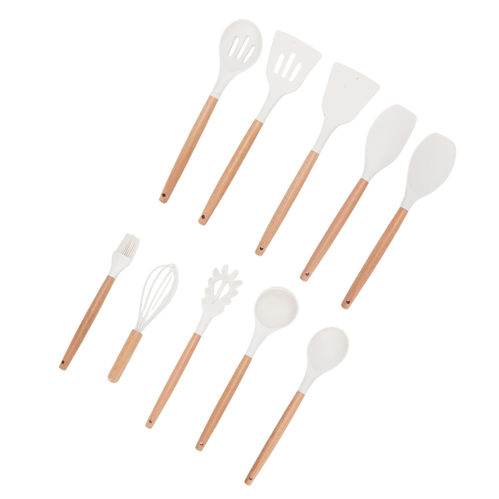 Bewinner Ensemble d'ustensiles de Cuisine en Silicone avec Support, Poignées en Bois et Conception Résistante à la Chaleur, Comprenant un Tourneur, une Spatule, une Cuillère et un Fouet pour