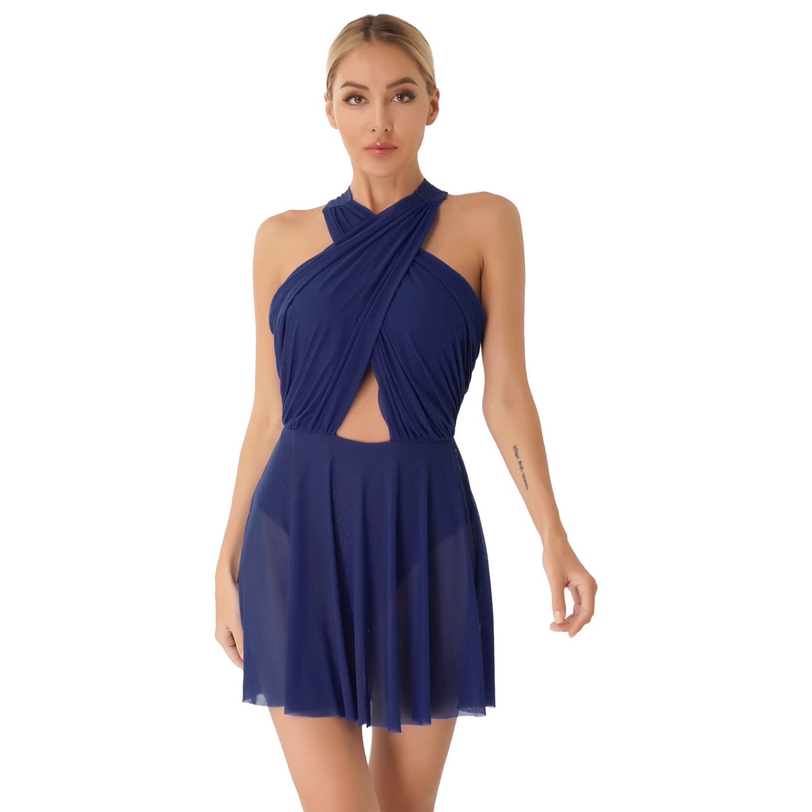 Yeahdor Womens Lyrical Dance Dress Ballet Modern Performance Costume Cross Cutout Leotard Dress Mesh Dancewear