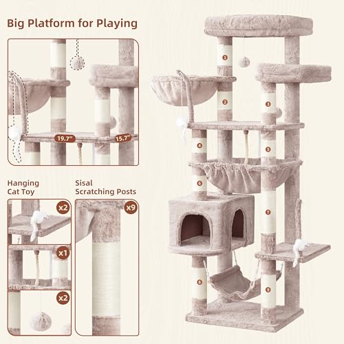 Image of Gitelsnour Cat Tree, 63'' Cat Tower for Large Cats, Big Hammock GCT020MU | Cat Condo, Cat Scratching Posts for Indoor Adult Cats, 4 Platforms( 2 Big 2 Small), 2 Baskets, Sisal Rope, 4 Toys, Mushroom