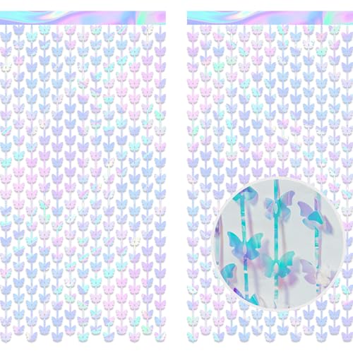 Iridescent Butterfly Fringe Party Backdrop - GREATRIL Fairy Streamers for Butterfly Princess Themed Birthdays Party Decoration - 3.2ft x 6.5ft - 2 Packs