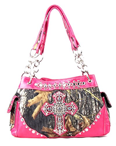 Western Handbag Camouflage Cross Camo Rhinestone Purse With Matching Wallet (PINK)2