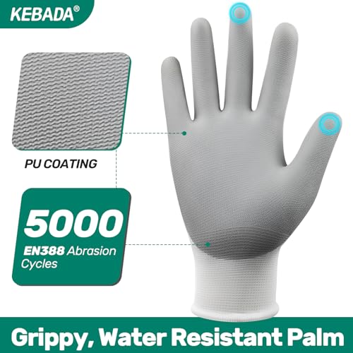 Image of Kebada W1 Work Gloves for Men and Women, 12 Pairs Touchscreen Safety Gloves with Grip, PU-Coated, Ideal for Light & Medium Duty Tasks, White, Large