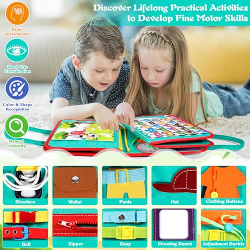 ZLPBAO Activiteitenbord, Montessori, 9-in-1 speelgoed vanaf 1 2 3 4 jaar, activiteitenbord baby, 3D, vilten bord sensorisch speelgoed, babyboeken van zachte stof, vroeg leren, levensvaardigheden, - Afbeelding 5