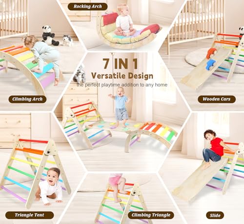 Image of Triangle Climbing Set, 7 in 1 Wooden Climbing Toys for Toddler 18 Months-3 Years Inside, Foldable Colorful Montessori Jungle Gym, Pikler Triangle Toddler Indoor Playground with Cars Arch Ramp Ladder