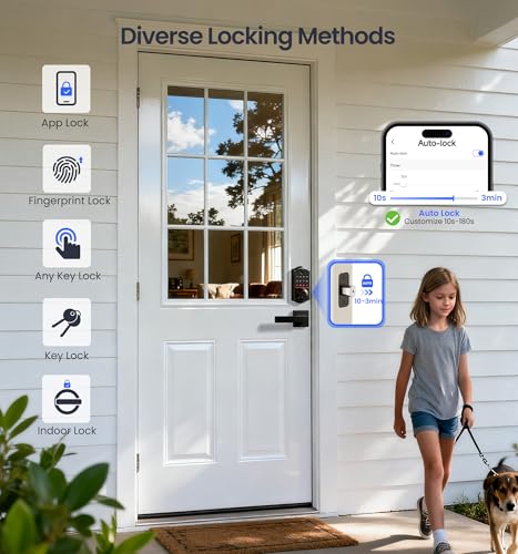 Image of Veise VE017-B Fingerprint Smart Lock with 2 Lever Handles Set, Matte Black | App Control, Fob, Touchscreen, Remote Access Sharing, Electronic Keypad, 8-in-1 Keyless Entry Deadbolt for Front Door
