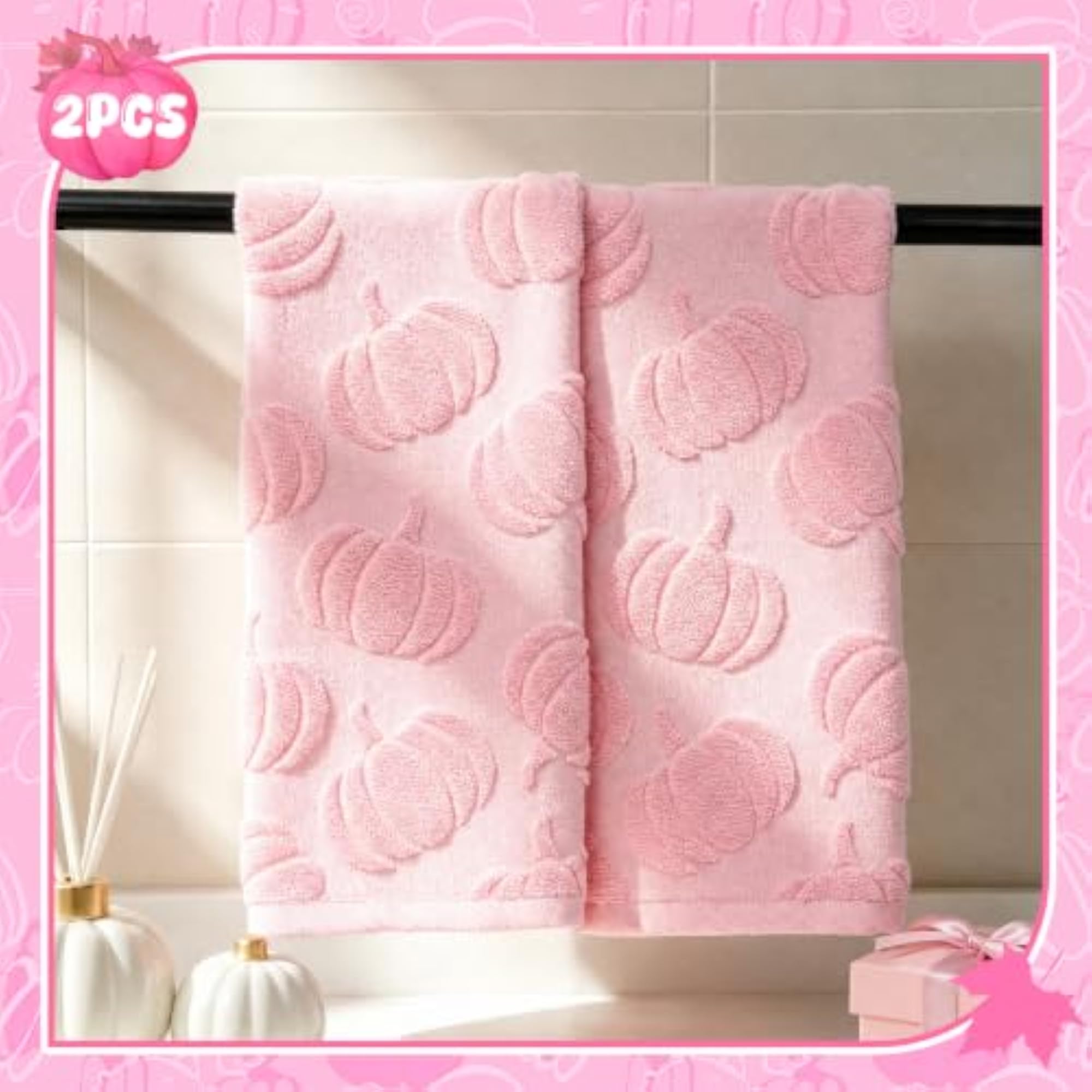 2 Pack Pink Hand Towels, Pumpkin Bathroom Towels