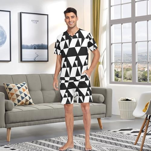 Men's Pajama Set Triangle Background Short Sleeve with Shorts Pockets Sleepwear Set Summer Loungewear4