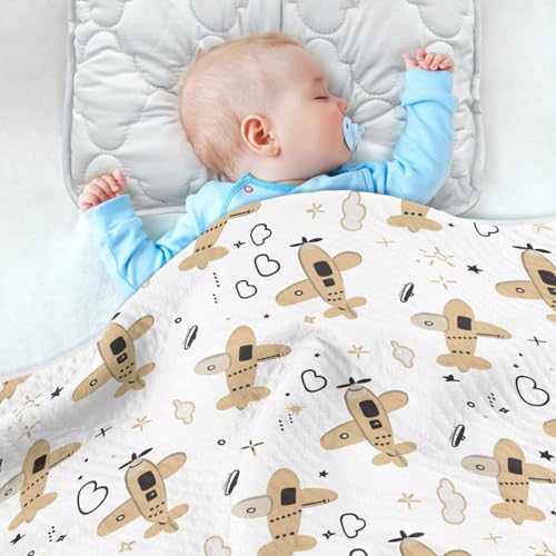 Image of Nursery Bed Blankets for Baby Girls and Boys Soft Warm Swaddle Blanket for Toddler and Infant 30X40in Cute Airplane Cartoon Pattern with Simple Lines