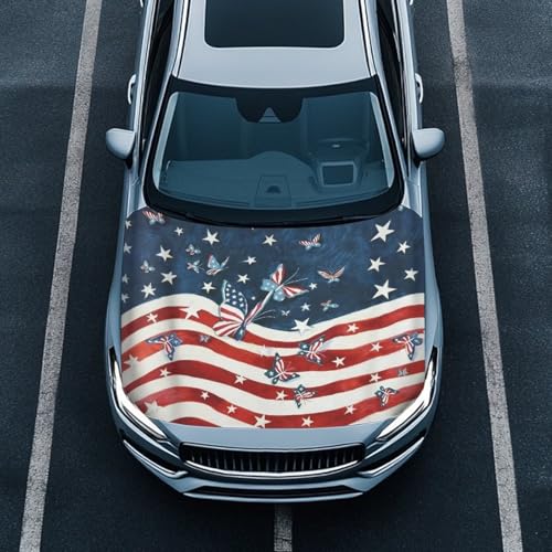 Image of Car Hood Cover Stretch Polyester Fabric Cover American Flag Butterfly Car Hood Covers Protector Easy Installation Removable Automotive Accessories Suitable for Cars