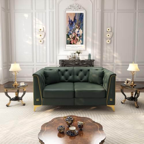 Image of KEIKI 62 inch Faux Leather Chesterfield Sofa with Handmade Button Tufted, Green | Luxury Modern 2-Seater Couch with Metal Trim Armrests & High Resilience Cushion & 2 Pillow, Easy Assembly, for Living Room