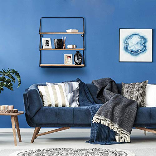 Image of INDIAN DECOR 284836 Three Tier Floating Wall Shelf Black | MDF Wooden Floating Shelves | Designer Three Tier Shelves with Metal Rail | Floating Shelf Kitchen, Bathroom, Hallway, Bedroom