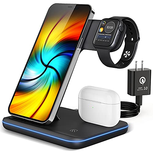 Wireless Charging Station, 2021 Upgraded 3 in 1 Wireless Charger Stand with Breathing Indicator Compatible with iPhone 12/11 Pro/XS/8, iWatch Series