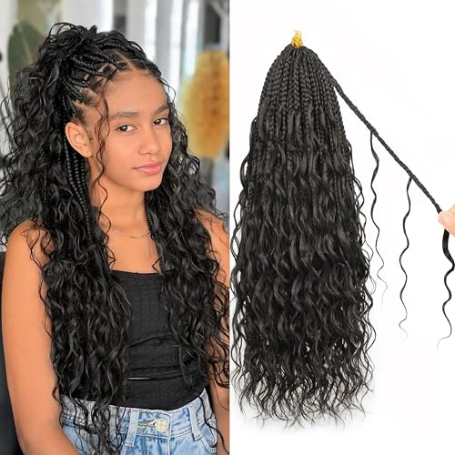 Goddess Box Braids Pure Protein Fiber Close to Human Hair 24 Inch 8 Packs Boho Crochet Braids with Soft Curls Bohemian Braids Crochet Hair for Black Women (24Inch 1B)