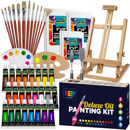 KEFF Oil Paint Set for Adults and Kids - Art Supplies Painting Kits with 24 Oil Paints, Stretched Canvas, Art Easel, Brushes, Palette, Knives and Paper Pad