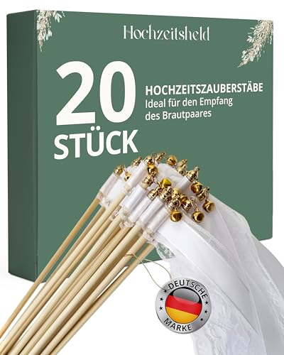 HOCHZEITSHELD Wedding Wands Hochzeit 20 Stück - Romantische Glöckchen Hochzeit mit weißen Bändern als Hochzeitsdeko für den Spalier Hochzeit - Zauberstäbe Hochzeit Seidenfeenstab - Standesamt Deko