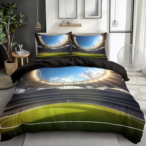Green Duvet Cover Twin Size 2 Pieces Football Field Grass, Bedding Room Decor Bedspread for Kids Teens, Comforter Quilt Cover Bedding Set with Pillow Sham