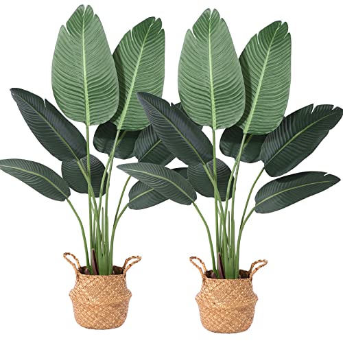 Ferrgoal Plantas artificiales de ave del paraíso de 4 pies con 8 troncos en maceta y cesta tejida de hierba marina, planta sintética perfecta para el hogar, interior, exterior, oficina, decoración