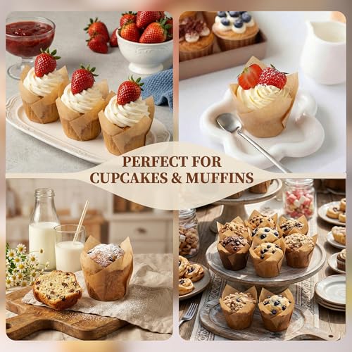 Image of KORCCI 200pcs Tulip Cupcake Liners,Greaseproof & Sturdy Muffin Liners, Unbleached Parchment Baking Cups, Easy Release Natural Cupcake Wrappers for Baking, Party, Wedding & Christmas
