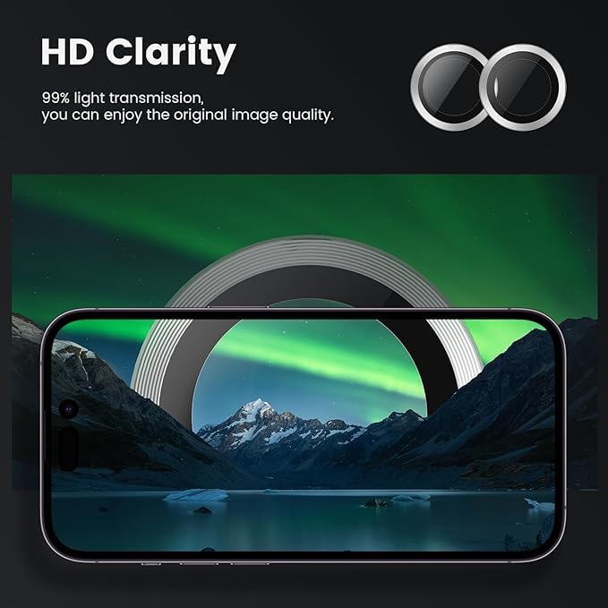 Image of CLITZ for iphone 16 /16 Plus camera lens protector Tempered Glass Aluminum Alloy Ring with Camera Cover (Silver)