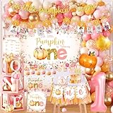 Little Pumpkin 1st Birthday Decorations for Girl Fall First Birthday Supplies with Monthly Photo Banner Backdrop Tablecloth Balloon Box Cake Topper Crown Poster for One Year Old