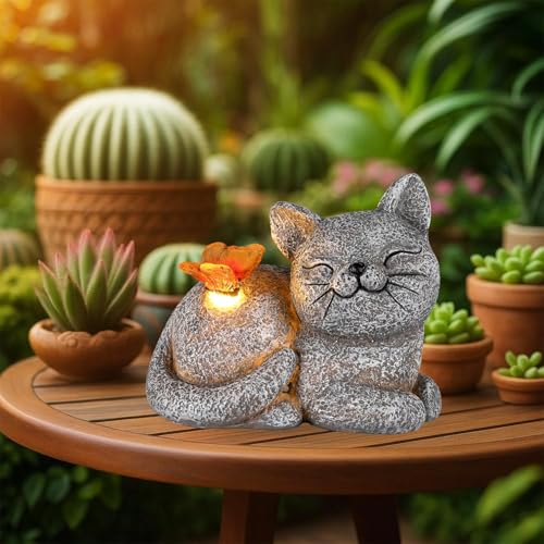 GoGnome Solar Cat Garden Statue with Butterfly Light – 5-Inch Outdoor Resin Figurine for Yard, Patio, Balcony – Gifts for Women, Garden Decor Accent (Cat)