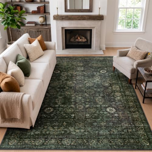 Morebes Vintage Large Rugs for Living Room, Washable 8x10 Area Rugs Non Slip,Soft Dark Green Rug for Bedroom,Distressed Non-Shedding Throw Rug for Entryway Kitchen Foyer Playroom