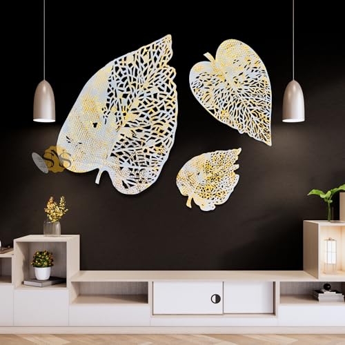 Image of SNS DECOR Luxury Metal Abstract Figures Leaf Wallart Set of 3 Handcrafted Wall Sculpture Wall Art Multicolor For Home Decoration (White & Gold)