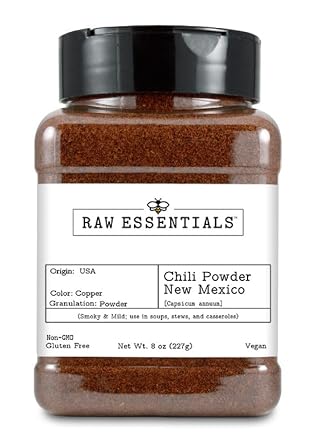 Raw Essentials New Mexico Red Chili Powder - Smoky & Mild Flavor - Perfect for Soups, Stews, Casseroles - Non-GMO, Gluten Free and Vegan - 8 Ounce Bottle
