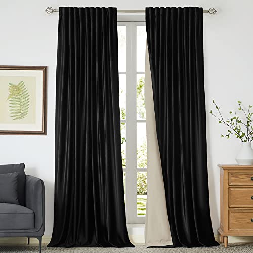 Image of 100% Blackout Black Velvet Curtains 84 inch Long for Living Room,Elegant 2 Panels Back Tab Thermal Insulated Room Darkening Curtain with Liner Heavy Noice Reducing Soundproof Window Drapes for Bedroom