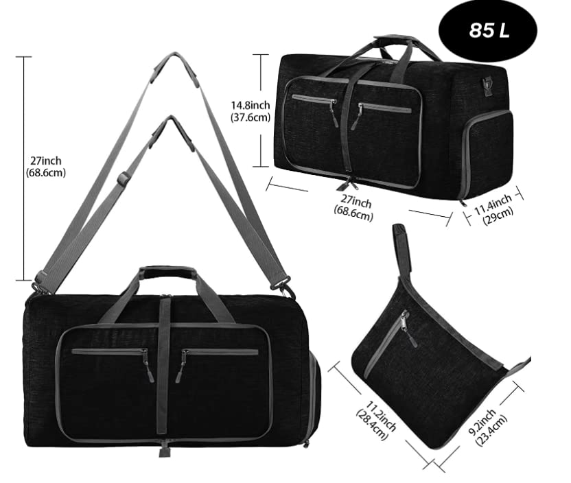 Travel Duffle Bag 85 Liters, for Men Women, Foldable, Great size for travel, with Shoes Compartment, Adjustable Strap, Water resistant , black2
