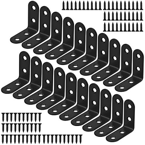 HQdeal 20Pcs Stainless Steel Corner Brace Shelf Brackets Heavy Duty 40 * 40mm Right Angle Bracket 90 Degree L Shaped Bracket Metal Shelf Supports with 80Pcs Screws for Kitchen Cupboard Shelves (Black) Cover