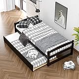 Twin Size Daybed with Trundle, Solid Wood Sofa Bed Frame, Twin Size Captain’s Bed for Bedroom...