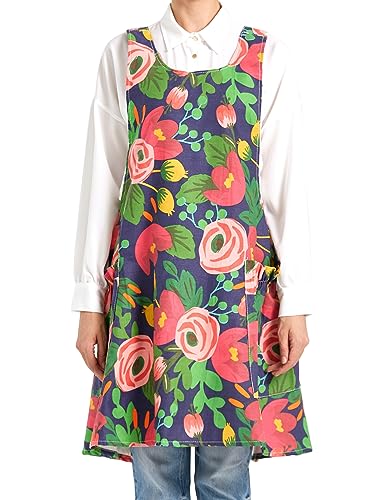 Image of Cozy Adjustable Cross Back Aprons for Women with Pockets Cotton Linen Cooking Kitchen Baking