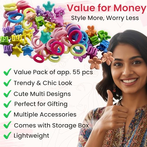 Image of TEMPERIA Hair Accessories Birthday Gift Items for Girls & Kids | Combo of Hair Claw Clips, Rubber Bands, Hair Pins & More | Cute Hair Styling Kit for Baby Girls for Party & Wedding | Multicolor -55pcs