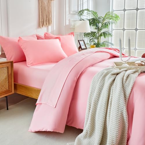 Image of Kids Comforter Sheet Set - Soft and Breathable Bed Set Includes Quilted Comforter, Fitted Sheet, Flat Top Sheet, Pillowcase and Pollowshams For Boys Girls - 7 Pieces Bed in a Bag Queen Szie Pink