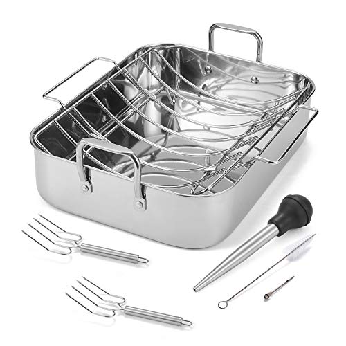 WEZVIX Stainless Steel Roasting Pan with Rack 165 Inch Rectangular Turkey Roaster Lasagna Pan for Roasting Turkey Chicken Meat Vegetables Non-toxic Heavy Duty Easy Clean Dishwasher Safe