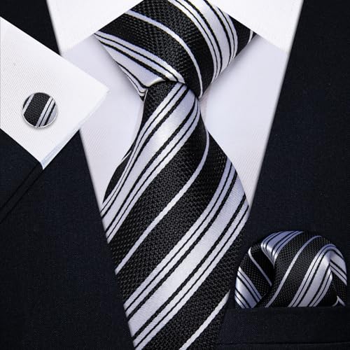 Image of YourTies Black White Ties for Men Striped Tie Woven Silk Necktie Handkerchief Cufflink Set Formal Business Party Wedding