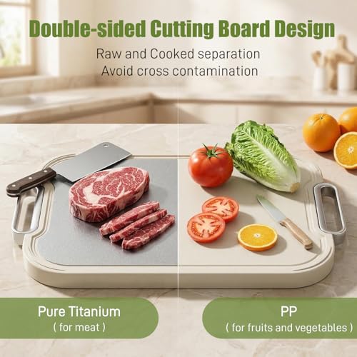 Image of Titanium Cutting Board for Kitchen Double Sided Pure Titanium Chopping Board, 100% Pure Titanium & Wheat Straw PP Food Grade Metal Cutting Board, Non-Slip Durable Easy to Clean (Large)