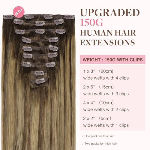 Image of GOO GOO Clip in Hair Extensions Real Human Hair, Remy Human Hair Extensions Clip ins for Women, Natural Human Hair, 14inch 150g 9Pcs, 4 /27 /4 Balayage Chocolate Brown to Caramel Blonde