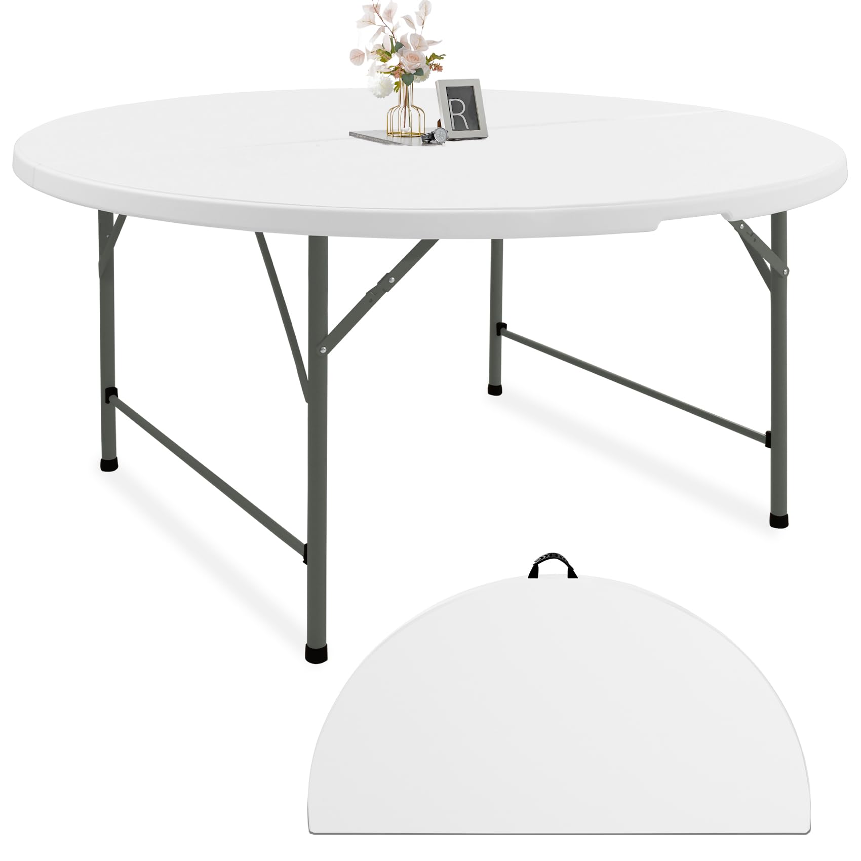 Fivenl 6 FT Round Folding Tables White Foldable Table, Fold-in-Half with Carrying Handle Portable Plastic Table for Party, Dining, Wedding, Camping, Picnic, Indoor Outdoor Events