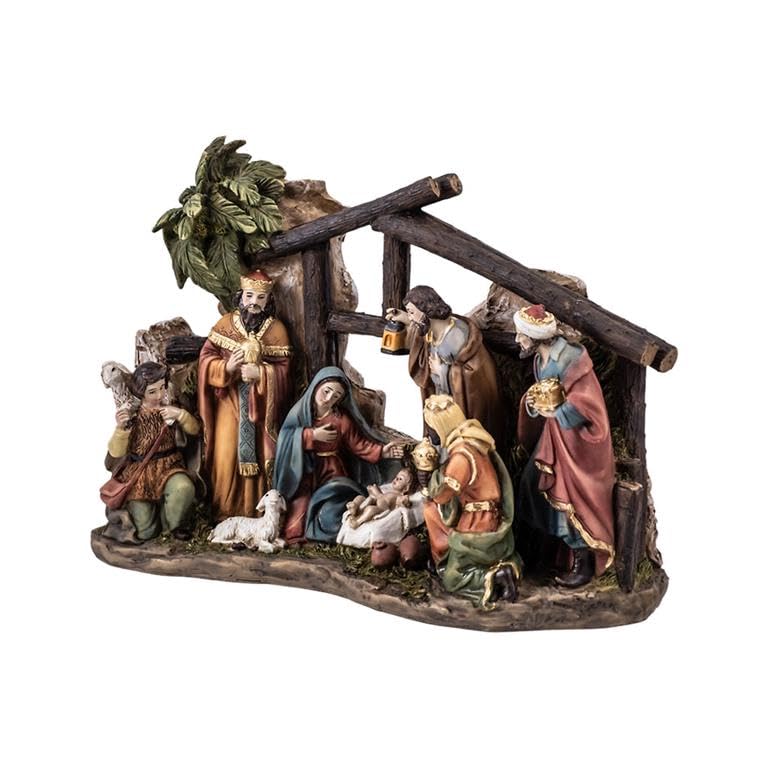 Misterio de 1 Pieza Nacimiento Clasico con Reyes y Pastor con Oveja de Resina Pintado a Mano 23x8x17 cm