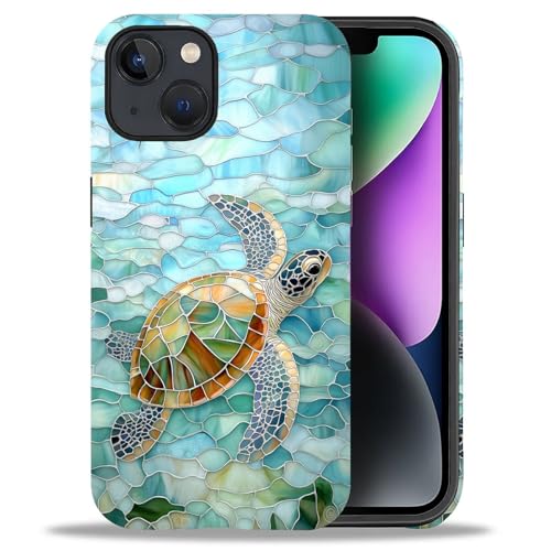 yicomon Compatible with iPhone 13/iPhone 14 Case, Turtle Glass Blue Pattern Print Phone Case Durable Fashion Funny Liquid Silicone Case Soft Anti-Scratch Shockproof Protective Cover
