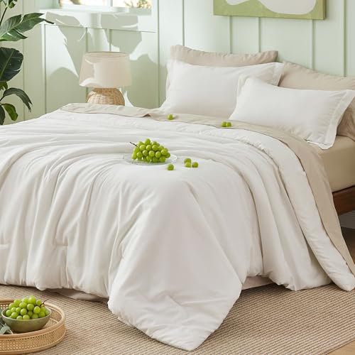 Image of Bedsure Full Comforter Set - 7 Pieces White Full Bedding Set for All Seasons, Boho Contrasting Design Bed in a Bag with Comforter, Sheets, Pillowcases & Shams