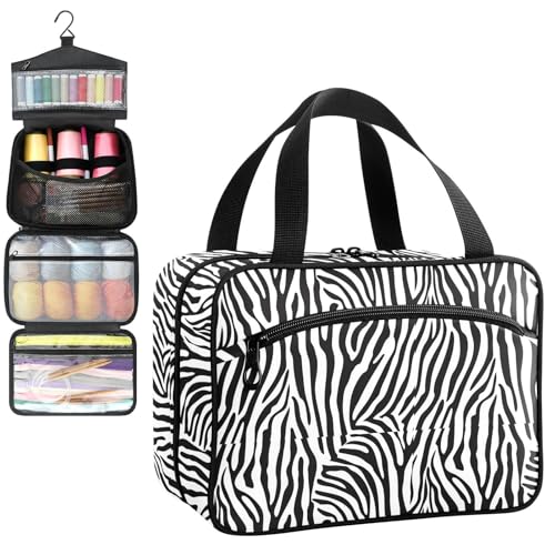 YNNALE Sewing Supply Organizer Bag, Black and White Zebra Skin Portable Sewing Bags with Pockets&Hanger, Sewing Storage Box Case for Sew Supplies/Kit/Tools/Accessories (BAG ONLY)